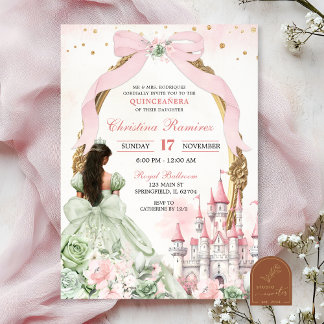 Rosa Sage and Blush Coquette Bow Fairytale Burg Einladung