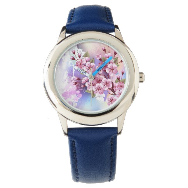 Rosa Sakura auf dem Hintergrund der Malerei Armbanduhr (Vorderseite)