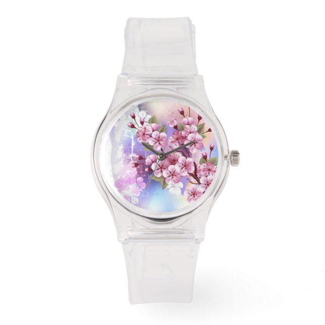 Rosa Sakura auf dem Hintergrund der Malerei Armbanduhr (Vorderseite)