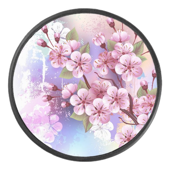 Rosa Sakura auf dem Hintergrund der Malerei Eishockey Puck (Vorderseite)