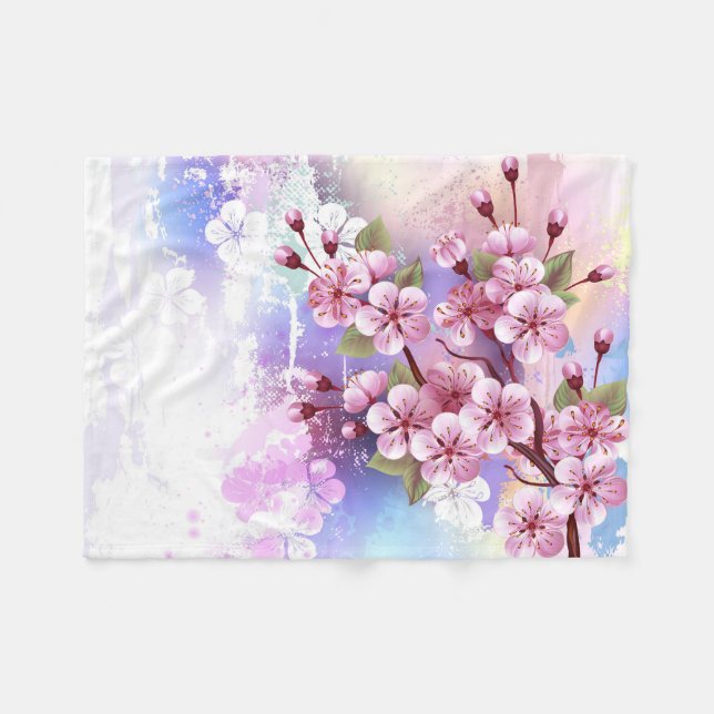 Rosa Sakura auf dem Hintergrund der Malerei Fleecedecke (Vorderseite (Horizontal))