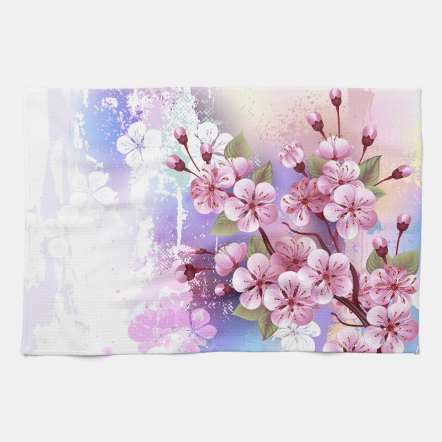 Rosa Sakura auf dem Hintergrund der Malerei Geschirrtuch (Horizontal)
