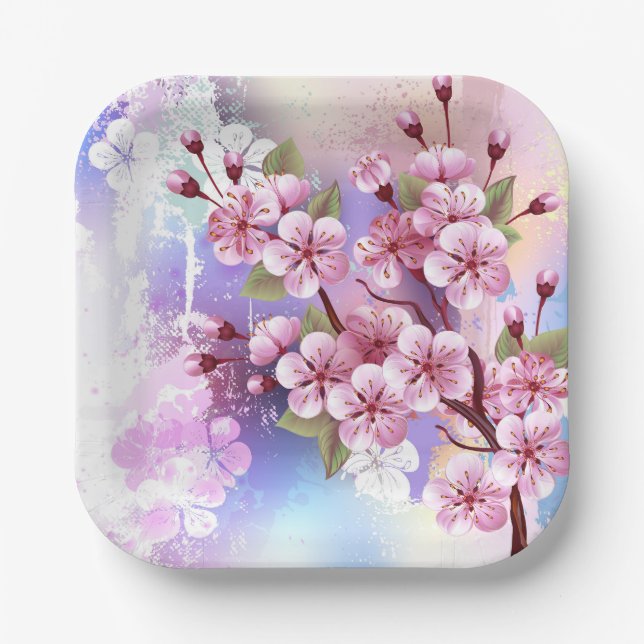 Rosa Sakura auf dem Hintergrund der Malerei Pappteller (Vorderseite)