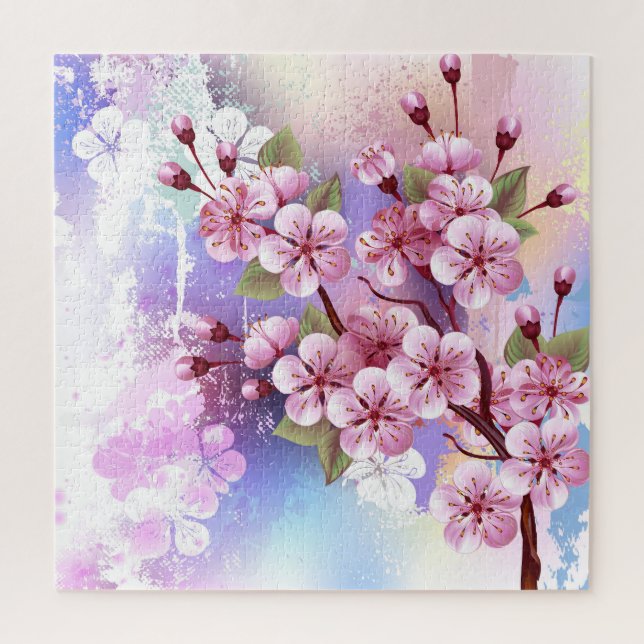 Rosa Sakura auf dem Hintergrund der Malerei Puzzle (Vertikal)