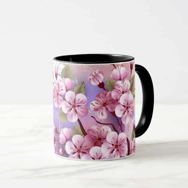 Rosa Sakura auf dem Hintergrund der Malerei Tasse (VorderseiteRechts)