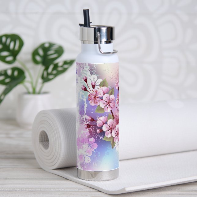 Rosa Sakura auf dem Hintergrund der Malerei Trinkflasche (Yoga)