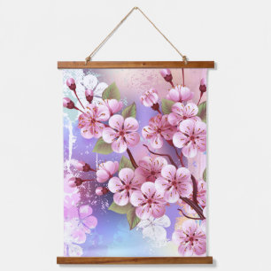 Rosa Sakura auf dem Hintergrund der Malerei Wandteppich Mit Holzrahmen