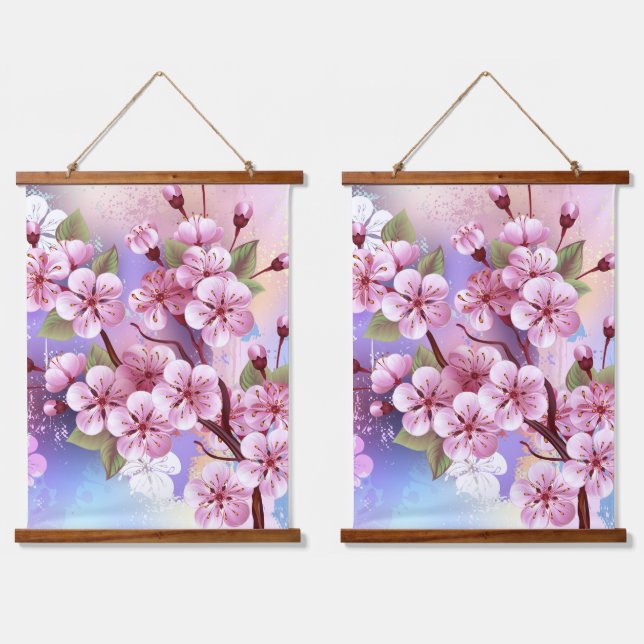 Rosa Sakura auf dem Hintergrund der Malerei Wandteppich Mit Holzrahmen (Doppelt)