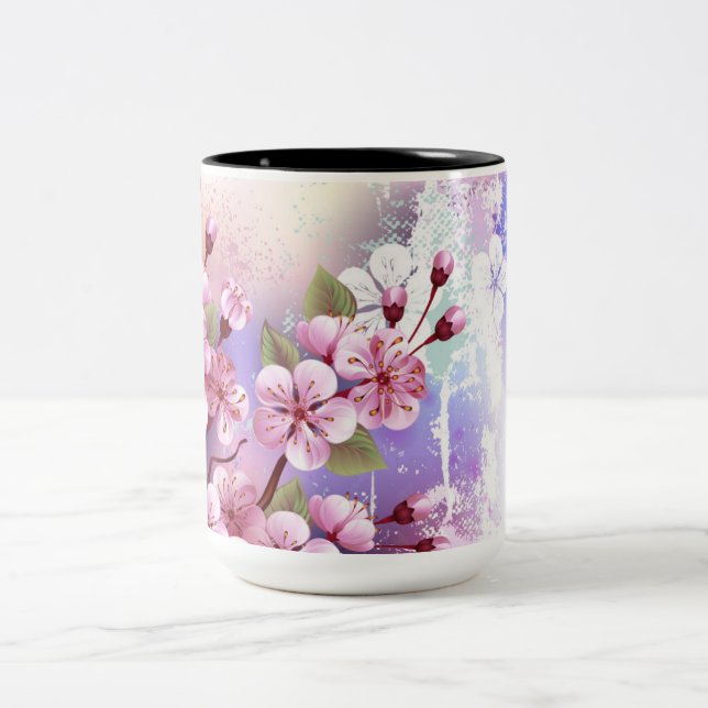 Rosa Sakura auf dem Hintergrund der Malerei Zweifarbige Tasse (Mittel)