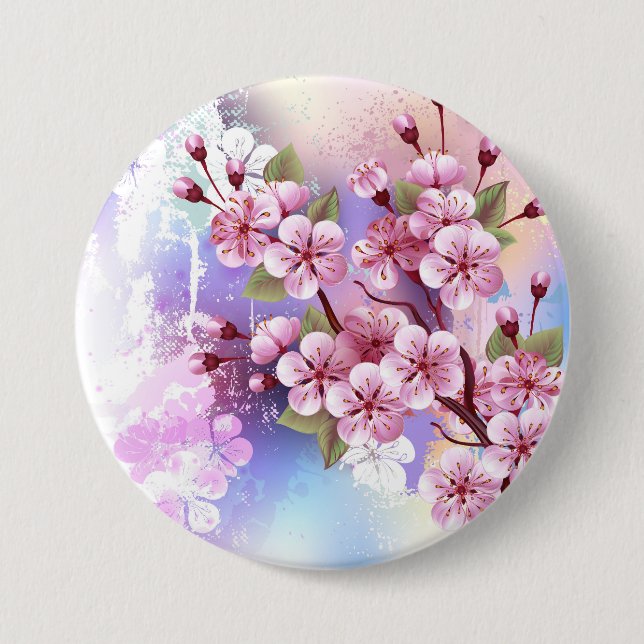 Rosa Sakura auf gemaltem Hintergrund Button (Vorderseite)