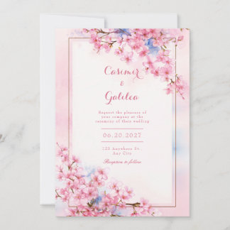 Rosa Sakura Blau Aquarell Bronze Rahmen Hochzeit Einladung
