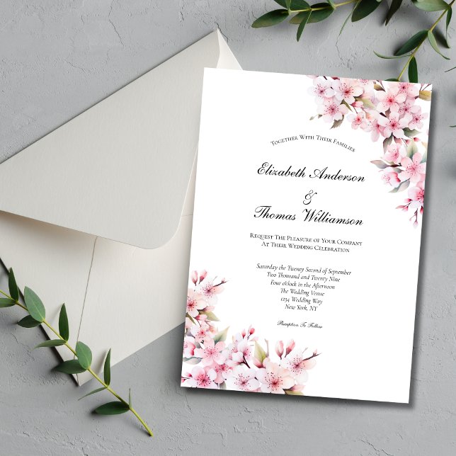 Rosa Sakura Cherry Blossom Flora Elegante Hochzeit Einladung (Pink Sakura Cherry Blossom Floral Watercolor Elegant Wedding Invitation)