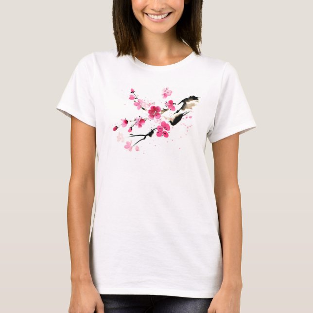Rosa Sakura Frühlingsblüte Malerei T-Shirt (Vorderseite)