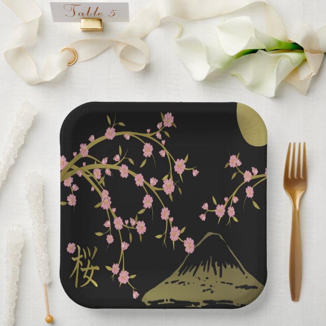 Rosa Sakura Gold Schwarz Japanischer Bildschirm Pappteller (Hochzeit)