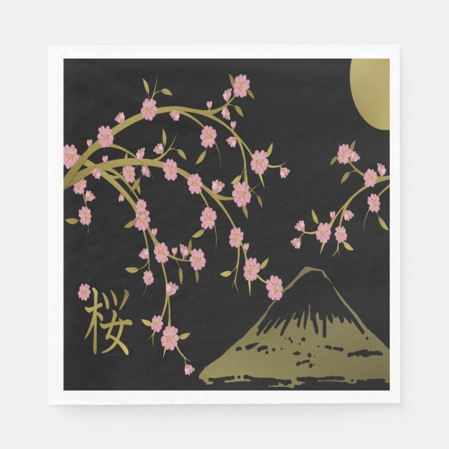 Rosa Sakura Gold Schwarz Japanischer Bildschirm Serviette (Vorderseite)