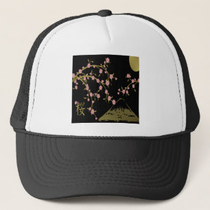 Rosa Sakura Gold Schwarz Japanischer Bildschirm Truckerkappe