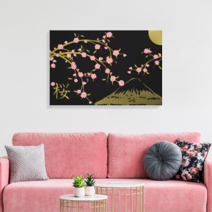 Rosa Sakura Gold Schwarz Japanischer Bildschirmpla Leinwanddruck