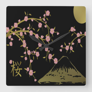 Rosa Sakura Gold Schwarzer Japanischer Bildschirm Quadratische Wanduhr