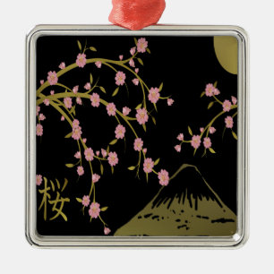 Rosa Sakura Gold Schwarzer Japanischer Bildschirm Silbernes Ornament