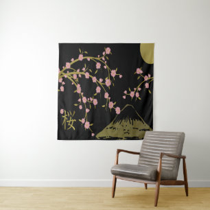 Rosa Sakura Gold Schwarzer Japanischer Bildschirm Wandteppich