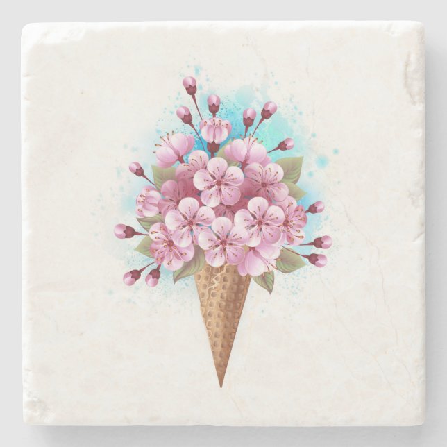 Rosa Sakura Ice Waffel Steinuntersetzer (Vorderseite)