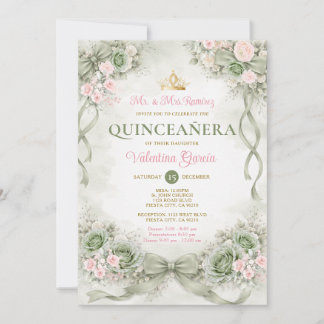 Rosa & Salbei-Schleifenband Quinceañera Geburtstag Einladung