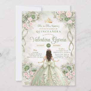 Rosa & Salbeigrüne Quinceañera Prinzessin XV Party Einladung