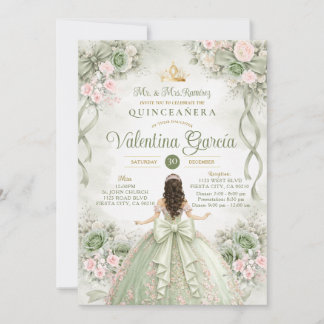 Rosa & Salbeigrüne Quinceañera Prinzessin XV Party Einladung