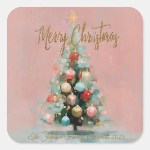 Rosa Samt-Weihnachtsbaumfolie-Feiertags-Postkarte Quadratischer Aufkleber