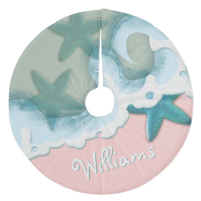 Rosa Sand Grünes Meer Aquamarine Ostseeküste Fleece Weihnachtsbaumdecke (Vorderseite)