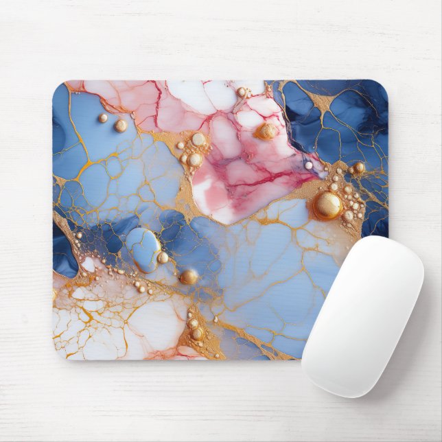 Rosa & Saphir-Marmor mit goldenen Perlen Mousepad (Mit Mouse)