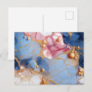 Rosa & Saphir-Marmor mit goldenen Perlen Postkarte