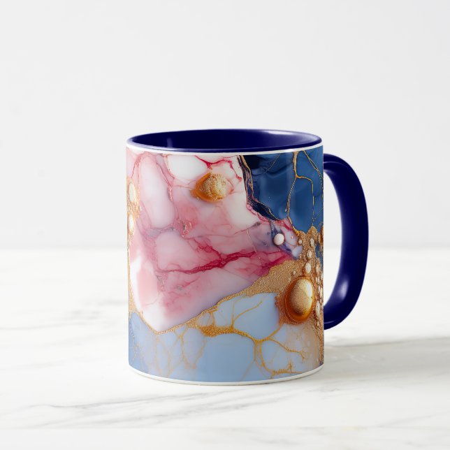 Rosa & Saphir-Marmor mit goldenen Perlen Tasse (VorderseiteRechts)