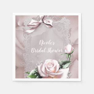 Rosa Satin-Schleife & Rose Romantische Blumenmuste Serviette