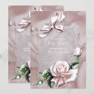 Rosa Satin-Schleife und rosafarbene Spitze Baby Sh Einladung