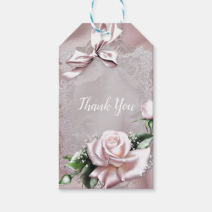 Rosa Satin-Schleife und Rose Romantische Hochzeits Geschenkanhänger