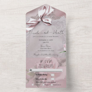 Rosa Satin-Schleife und Rose Romantisches Hochzeit All In One Einladung