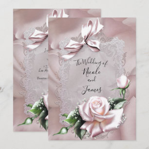 Rosa Satinband & Rose Romantische Hochzeit Einladung