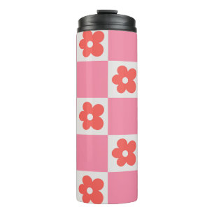 Rosa Schachbrett-Blumen-Reisebecher Retro-Blume Thermosbecher