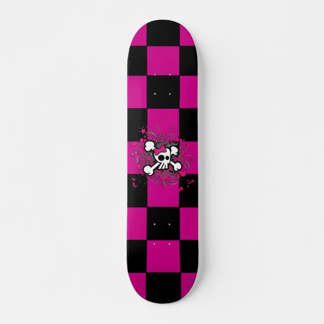 Rosa Schachbrett Girly Skull Skateboard (Vorne)