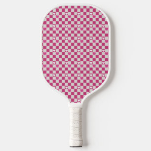Rosa Schachbretter und Herz Pickleball Schläger