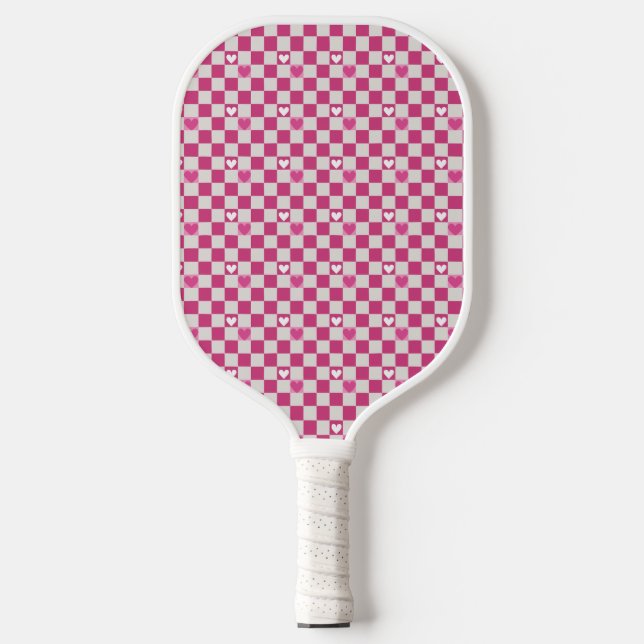 Rosa Schachbretter und Herz Pickleball Schläger (Vorderseite)