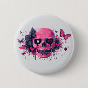 Rosa Schädel mit Schmetterlingen und Herz Button