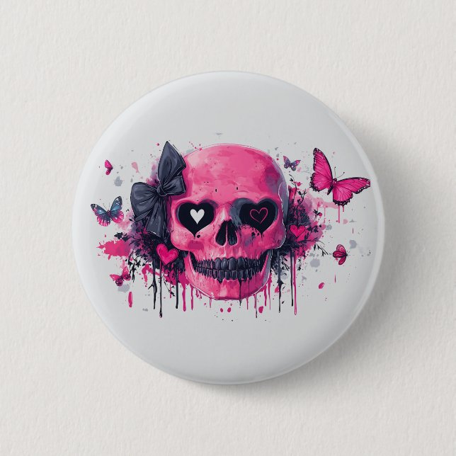 Rosa Schädel mit Schmetterlingen und Herz Button (Vorderseite)