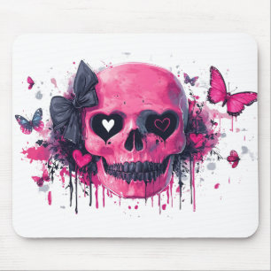 Rosa Schädel mit Schmetterlingen und Herz Mousepad