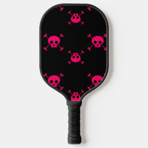 Rosa Schädel und Kreuzknochen auf schwarz Pickleball Schläger
