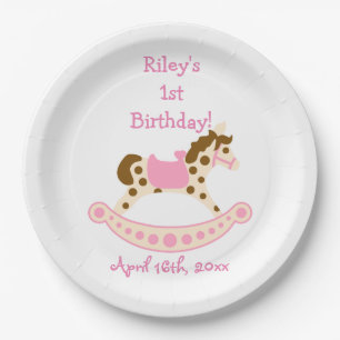 Rosa Schaukelpferd-Geburtstag Pappteller