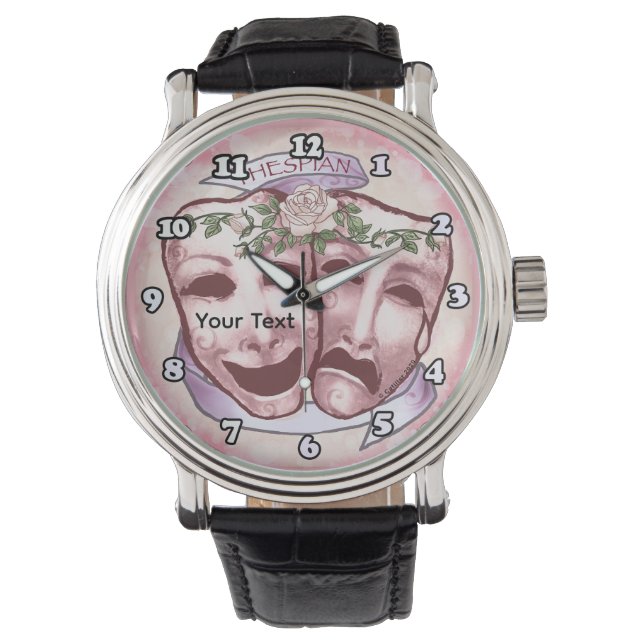 Rosa Schauspielermasken Armbanduhr (Vorderseite)