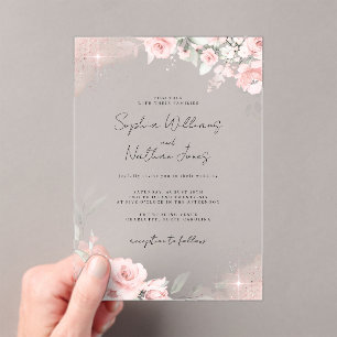 Rosa Schimmer-Rose Silber Schmetterling Hochzeit Acryleinladungen