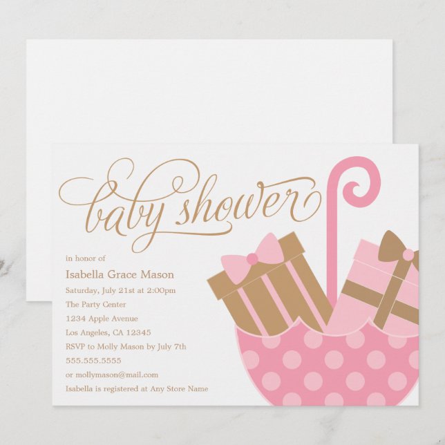 Rosa Schirm | Baby Shower Einladung (Vorne/Hinten)